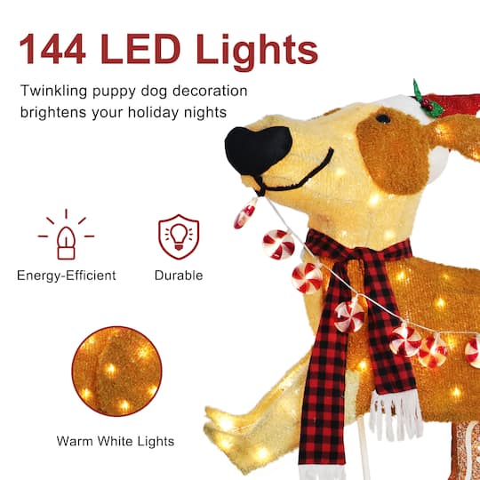 Puleo International 4ft. Pre-Lit Puppy Christmas Holiday Décor with Warm White LED Lights